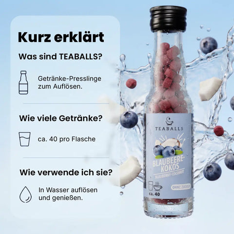TEABALLS Blaubeere-Kokos VIP – ca. 40 Getränke pro Flasche, Made in Germany | teaballs.ch