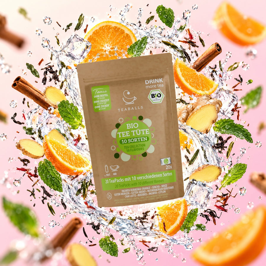 TEABALLS box assaggio: bustina di tè bio con 10 gusti, arancia, zenzero, menta e spruzzo d'acqua