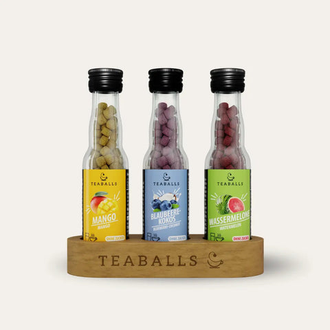 TEABALLS 3er Set Urlaubs-Trio – Mango, Blaubeere-Kokos und Wassermelone Glasflaschen