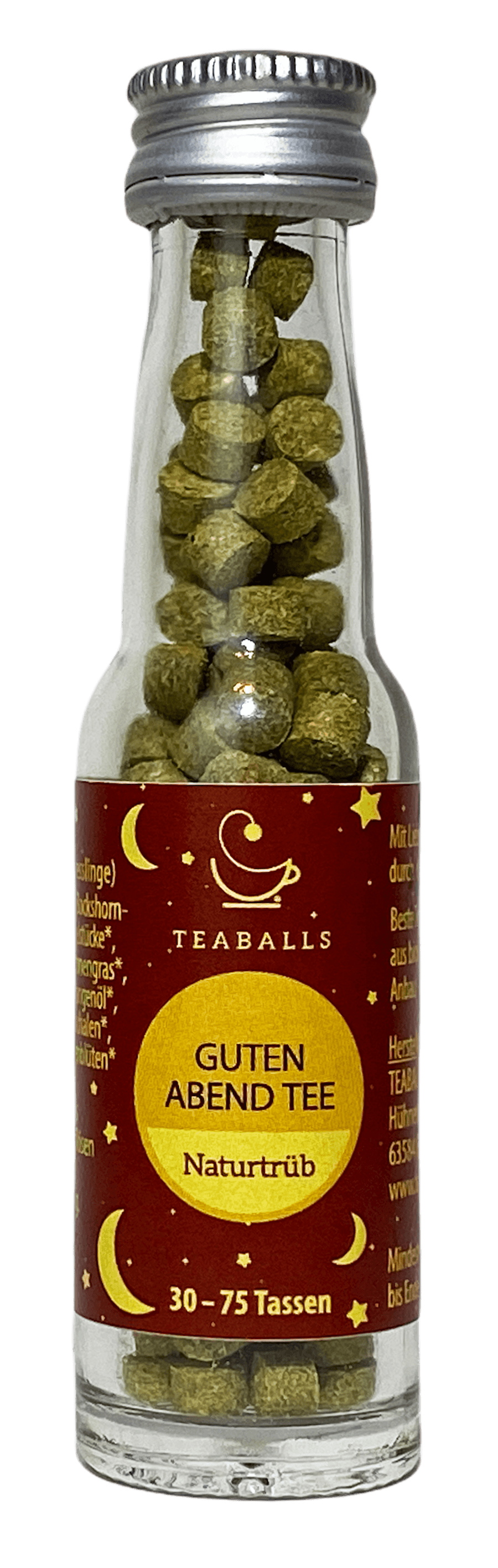TEABALLS Good Evening bio — 100% tè biologico naturalmente torbido — vista dettagliata. Senza residui, senza zucchero.