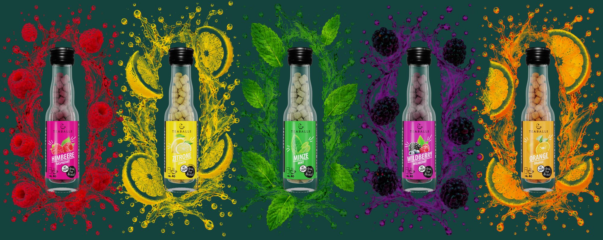 TEABALLS Mini-Fläschchen mit den Sorten Himbeere, Zitrone, Minze, Wildberry und Orange